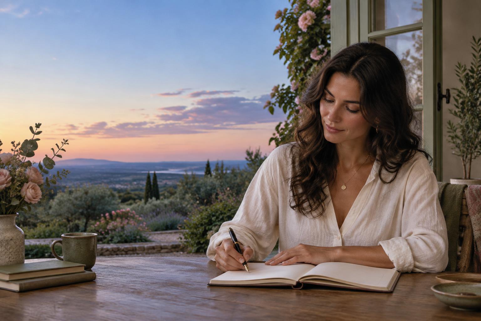 Reflective writing beside an evening garden — The Cosmic Pen