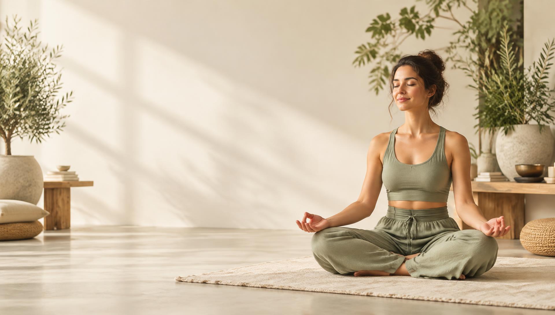 Woman meditating peacefully in a sunlit studio