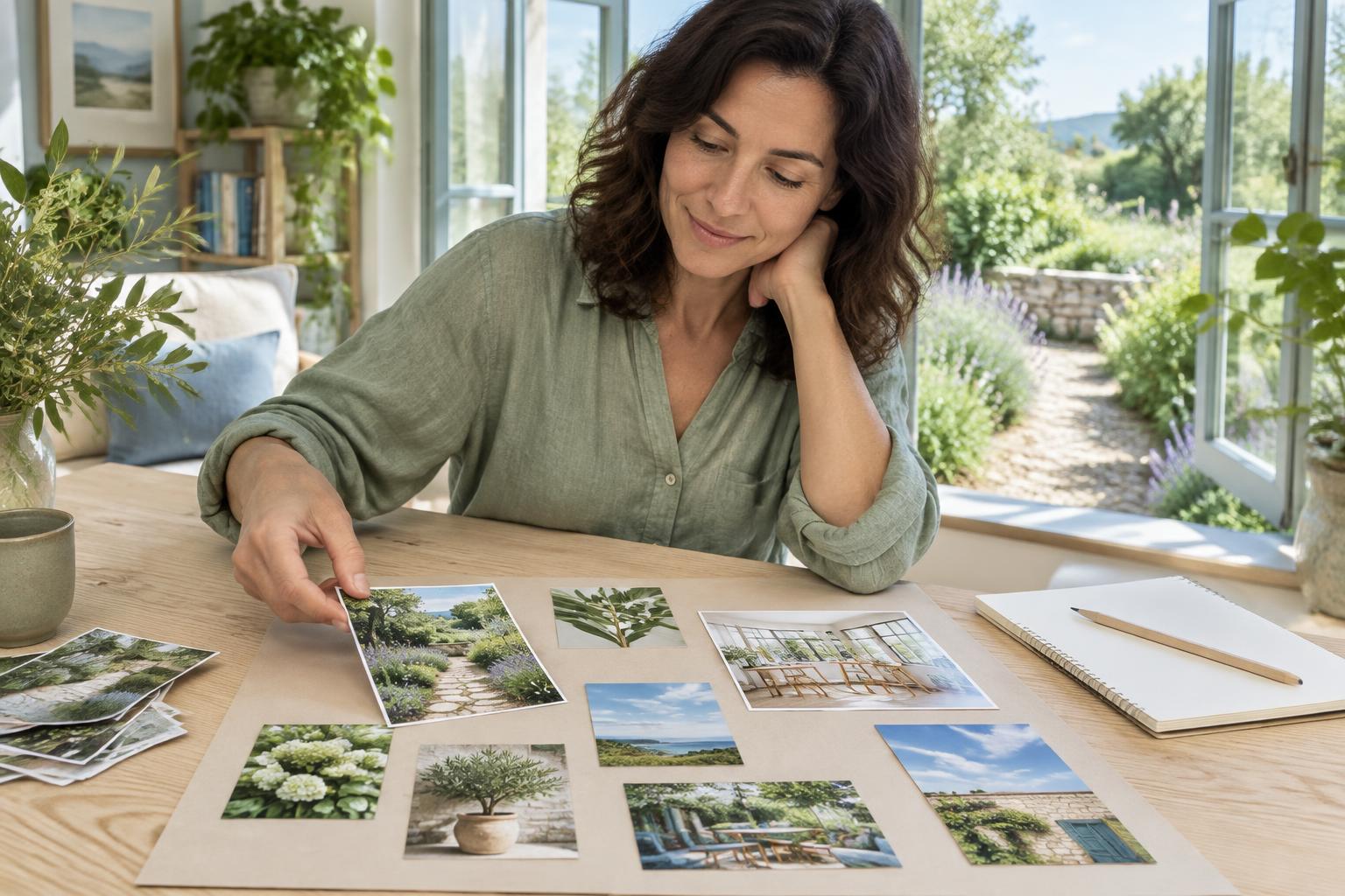 A thoughtful vision board in a sunlit garden room — Manifestation