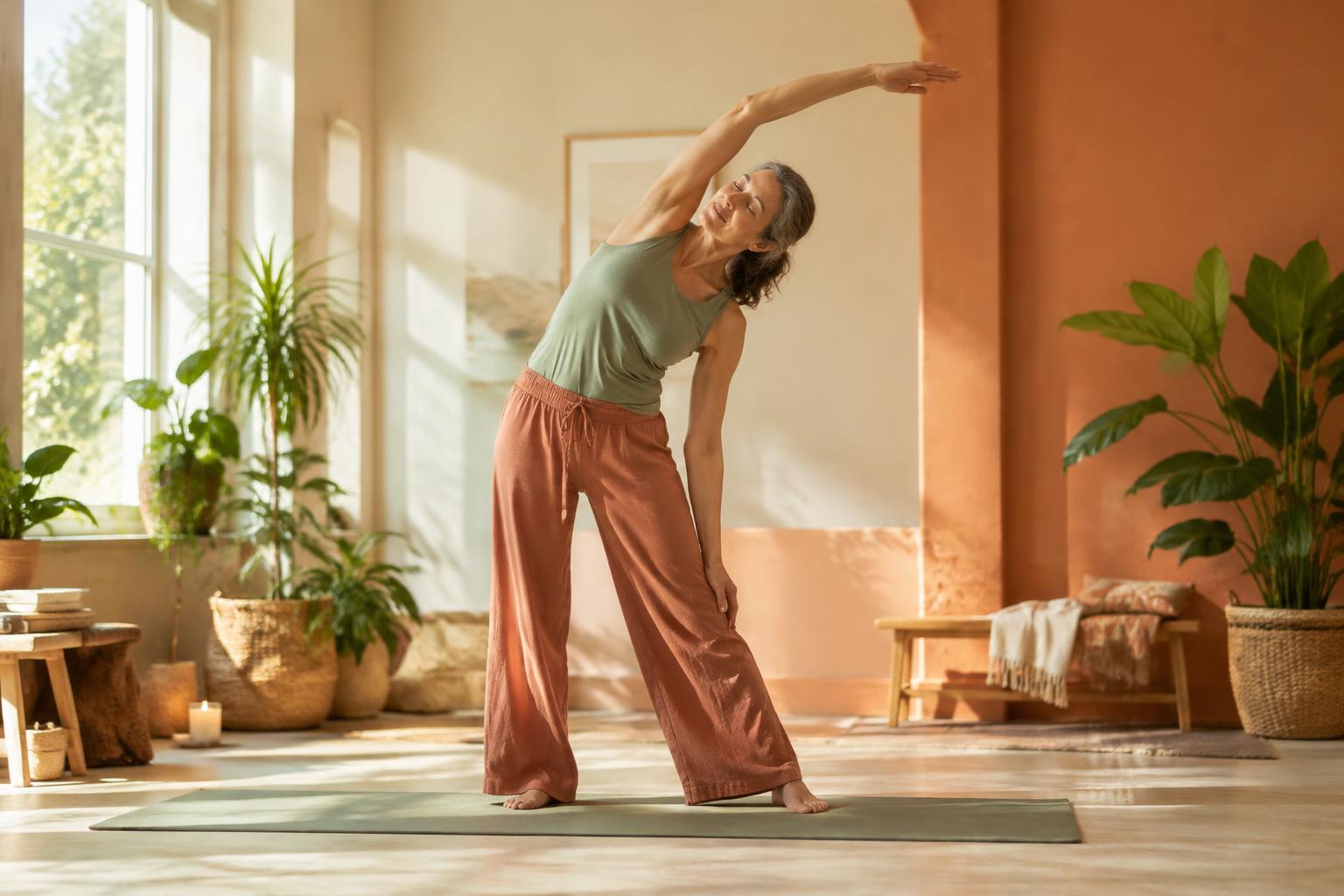 A midlife woman in a gentle side reach — Mobility Flow